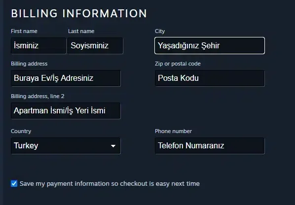 Örnek Steam Faturası